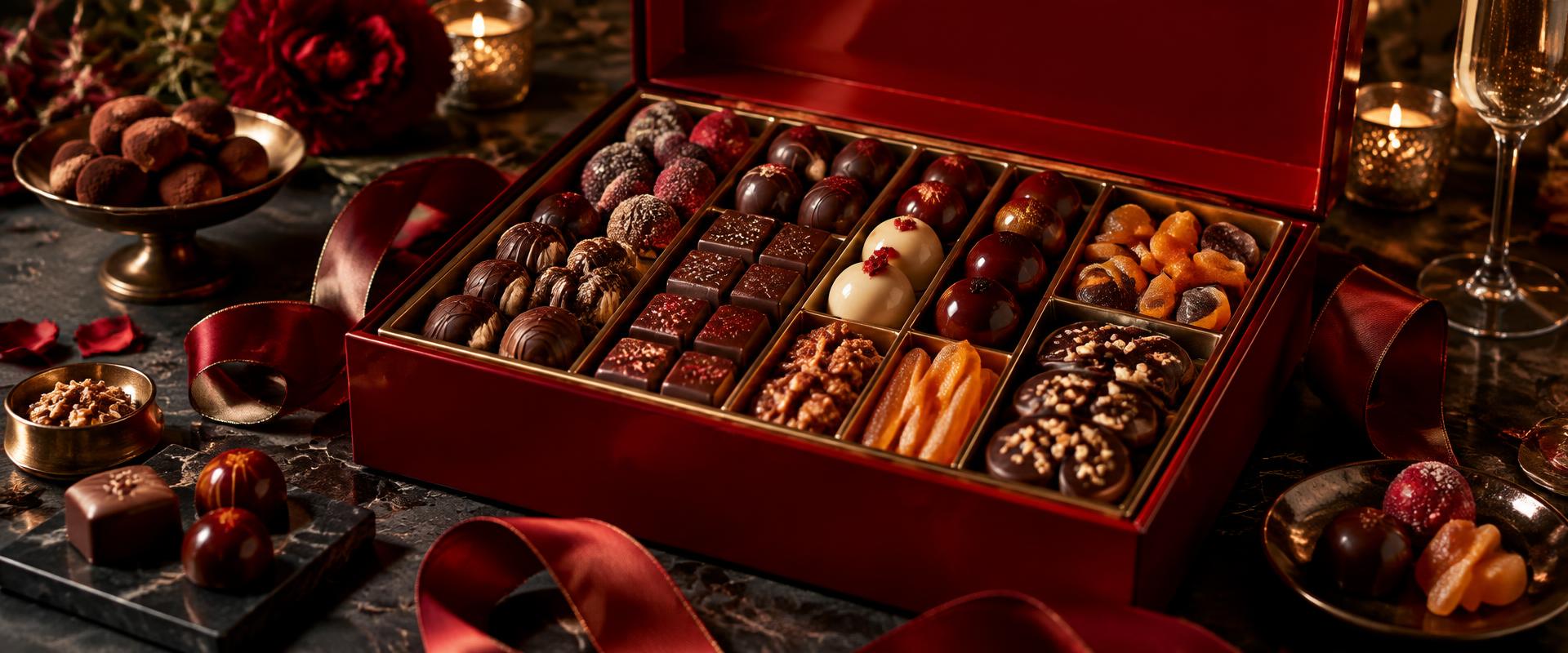 An open red confectionery gift box at a celebration table