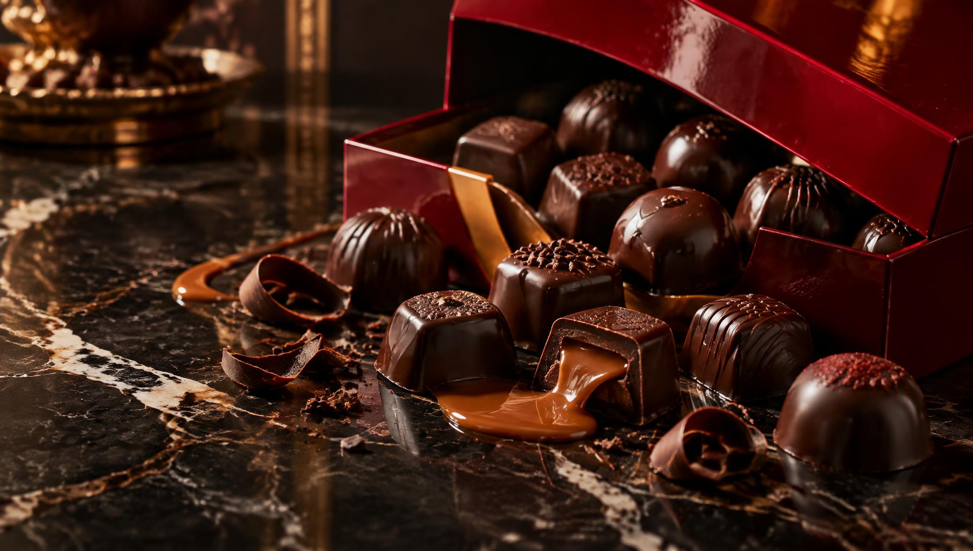 A red gift box filled with glossy chocolates and caramel
